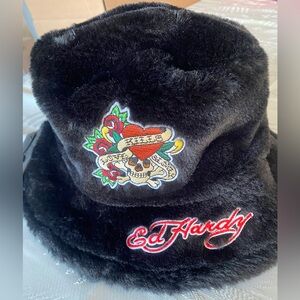 Ed Hardy Faux Black Fur Print Bucket Hat